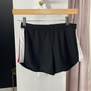 Black shorts with red and white stripes on side-cozy everyday shorts